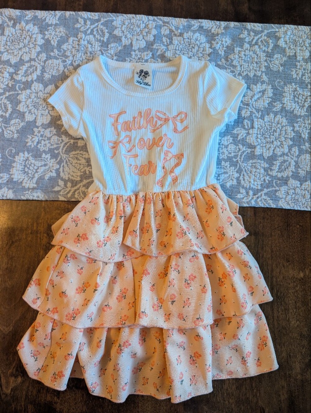 Faith Over Fear Peach Floral Tiered Kids Dress/ Size Girl 4